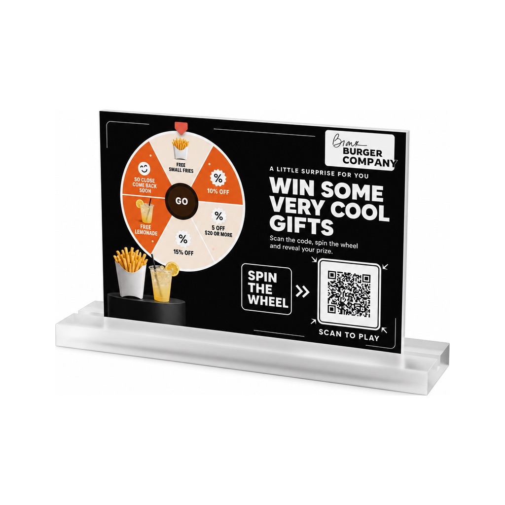 Burger restaurant table tent with prize wheel and QR code