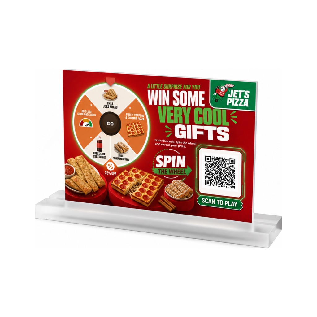 Pizza chain table tent with prize wheel and QR code