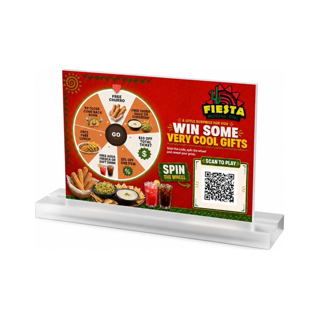Mexican grill table tent with prize wheel and QR code