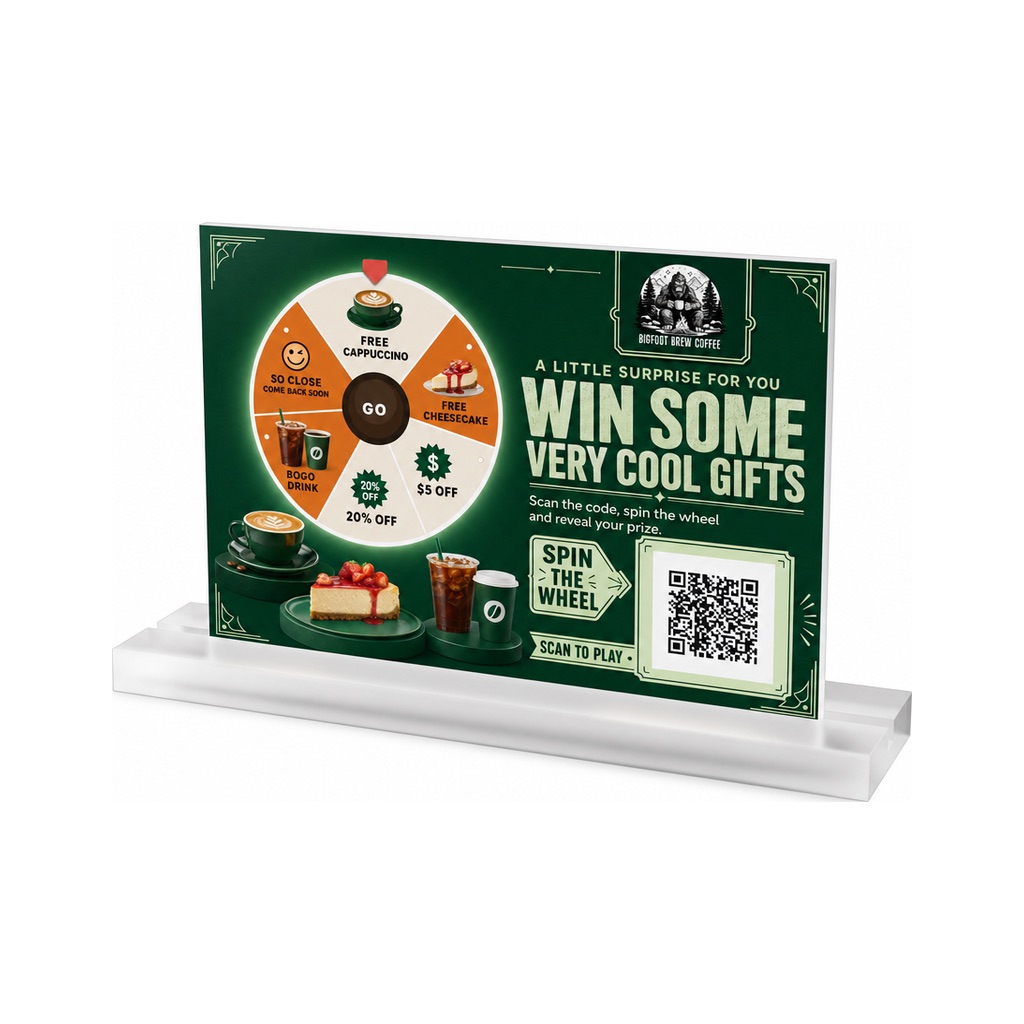 Coffee shop table tent with prize wheel and QR code