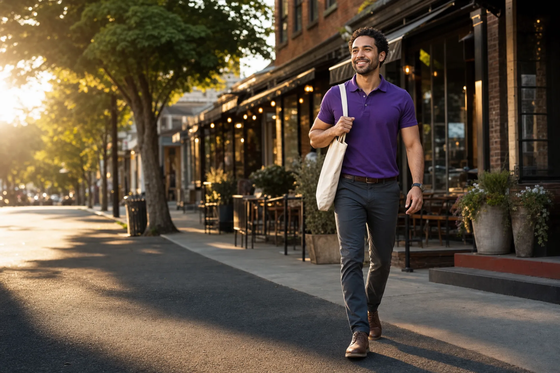 Boomerang field sales rep walking a street of local businesses