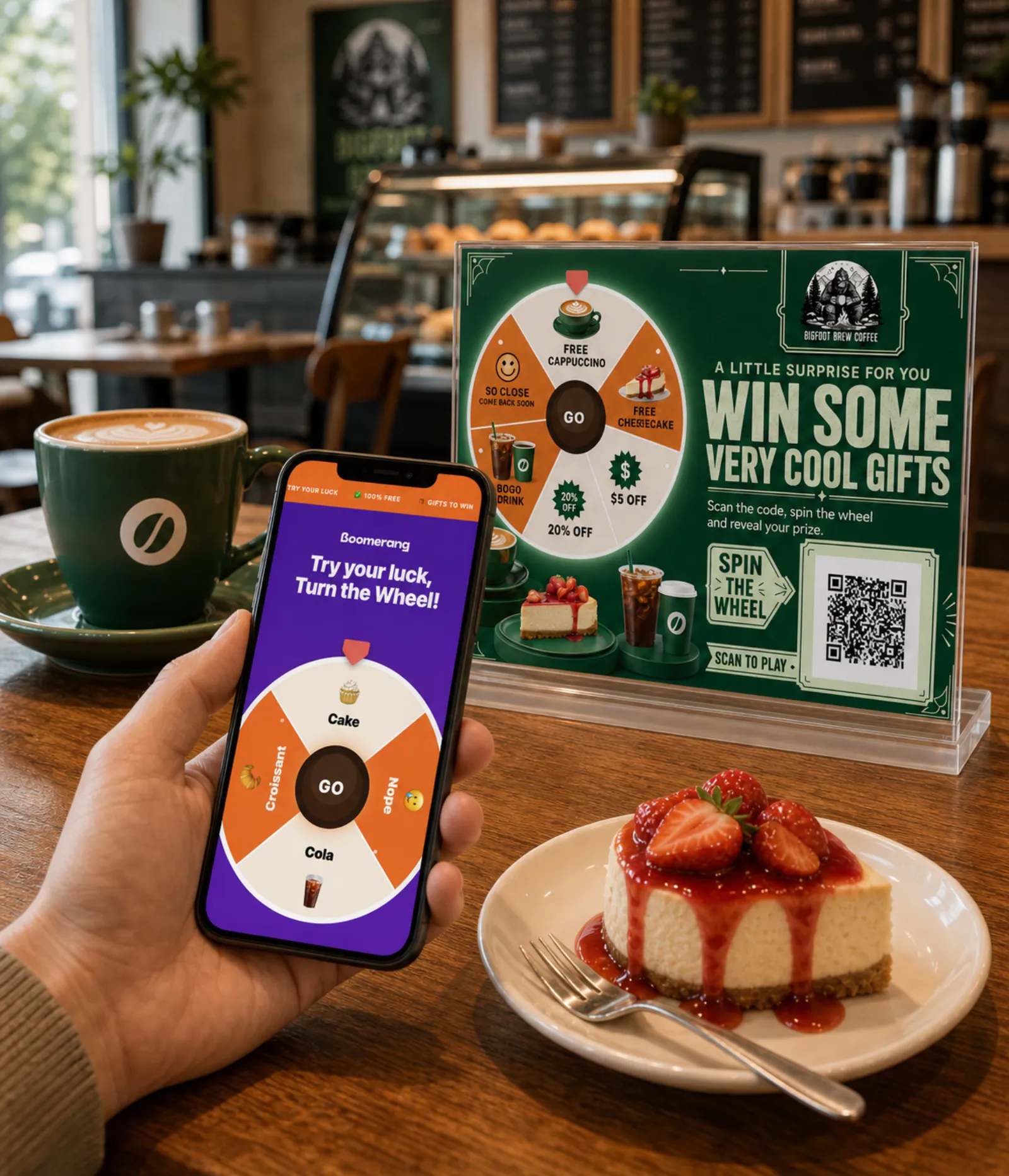 Guest spinning the Boomerang prize wheel at a coffee shop