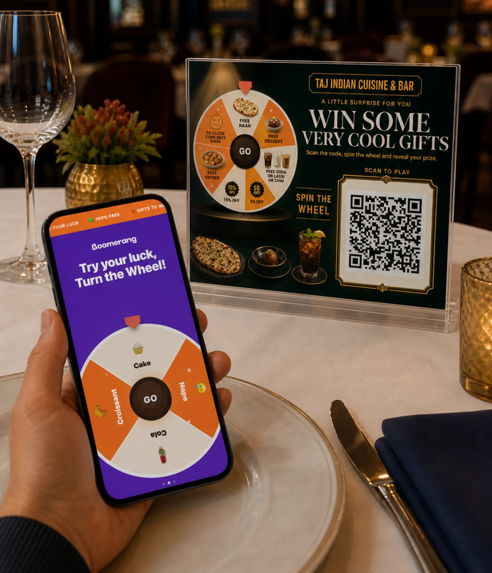 Guest scanning a Boomerang table tent at a restaurant