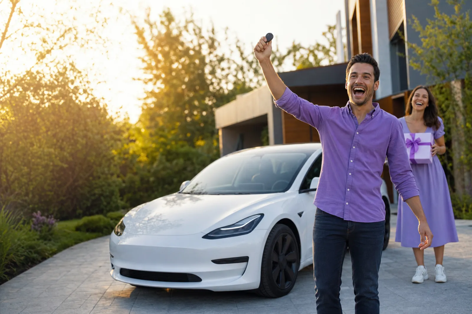 Rep celebrating beside a white Tesla Model 3