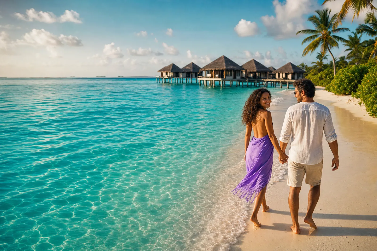 Couple walking a tropical island beach